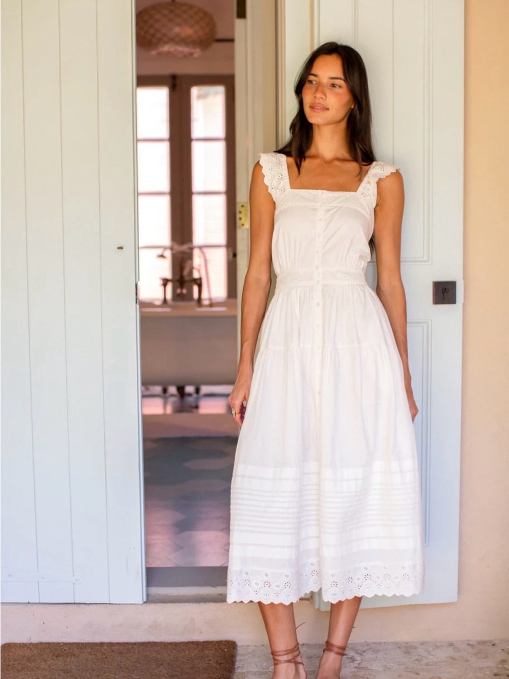 Frieda Dress White Eyelet Midi Sundress with Square Neckline - Picture 1 of 8